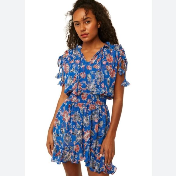 MISA Dominique Ruffle Mini Dress Sireneuse Floral Blue Red Size Medium NWT - Picture 2 of 11